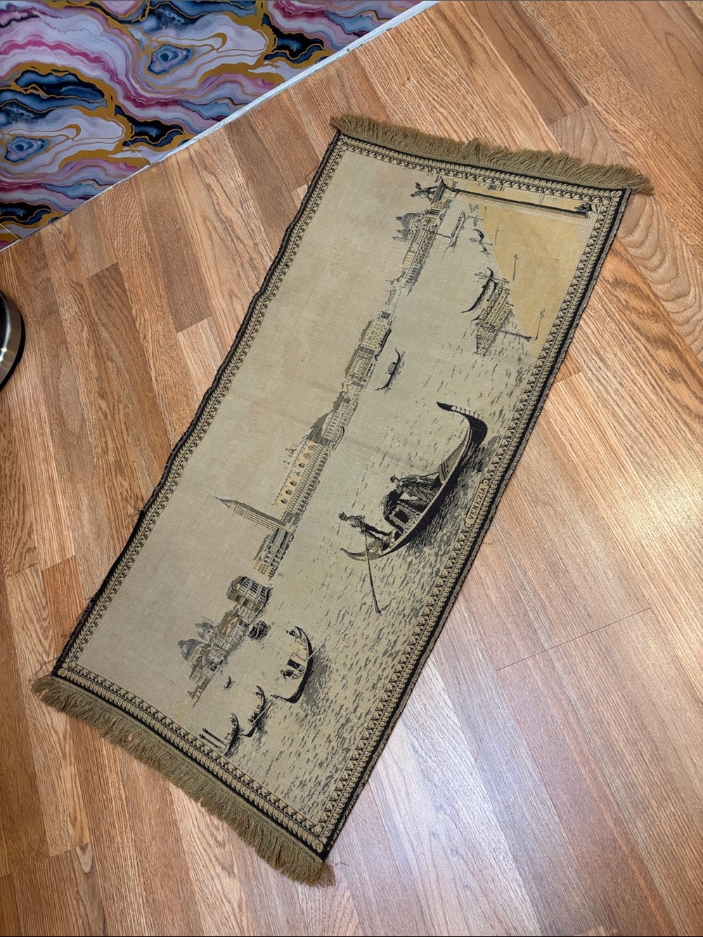 Vintage Venezia Beige and Black Venetian Gondola Wall Tapestry